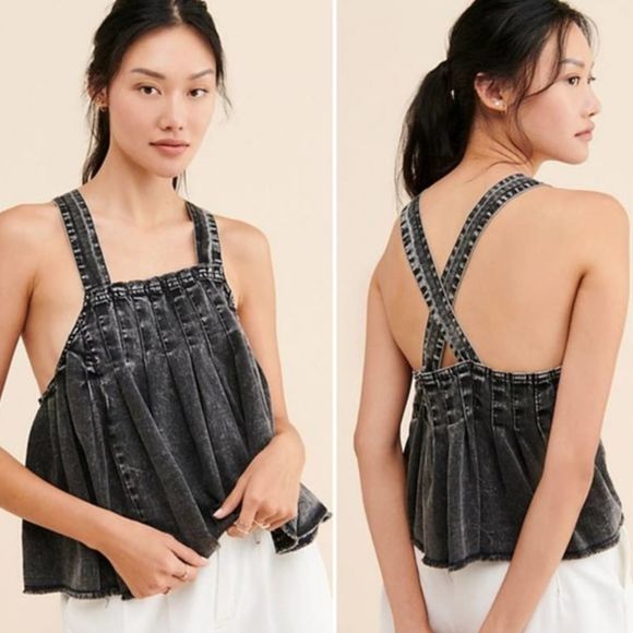 Free People Marina Denim Top Washed Black L - Picture 2 of 4